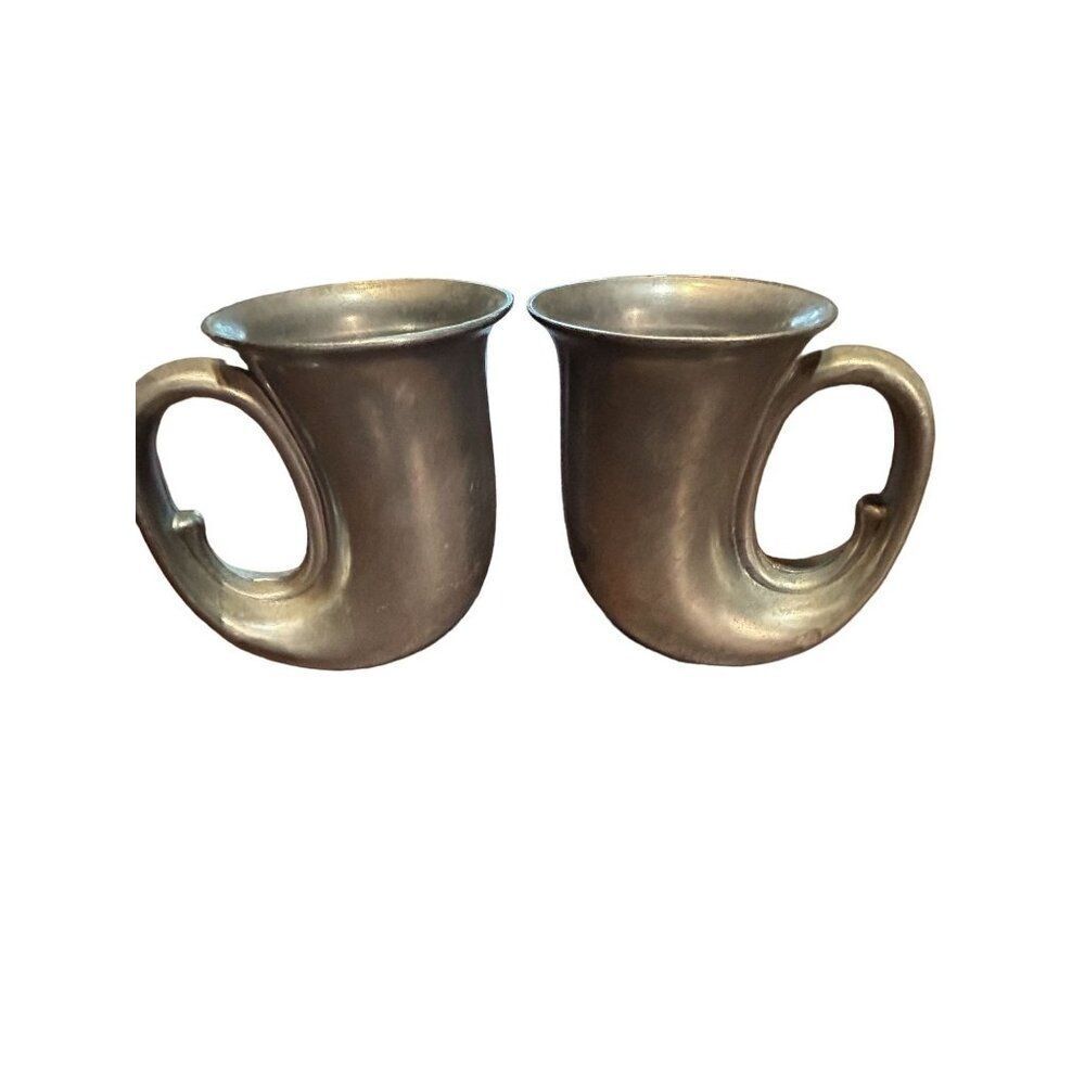 Vintage Leanard  Pewter Horn Mugs - Unique Curved Design Set Of 2